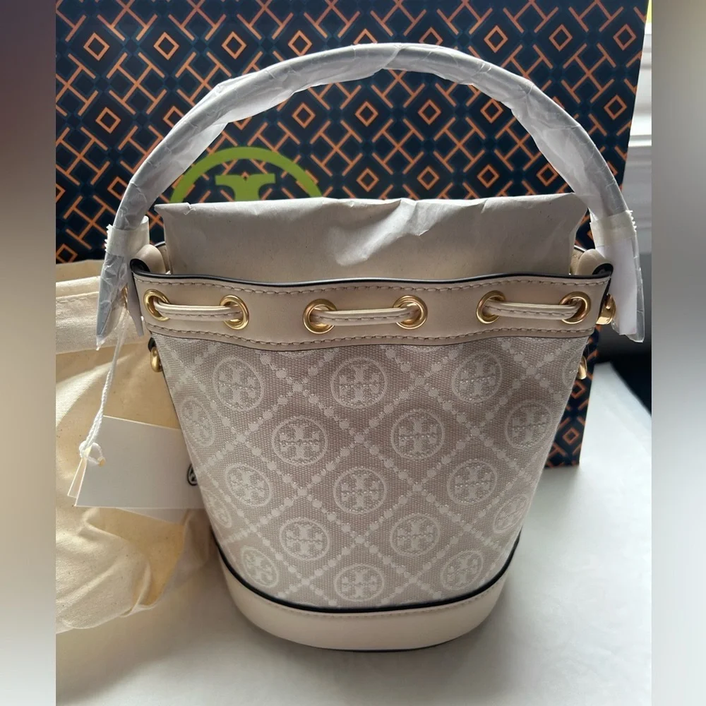 Tory Burch T Monogram Mini Bucket Bag Crossbody Bag Ivory Gold Cream White Tan